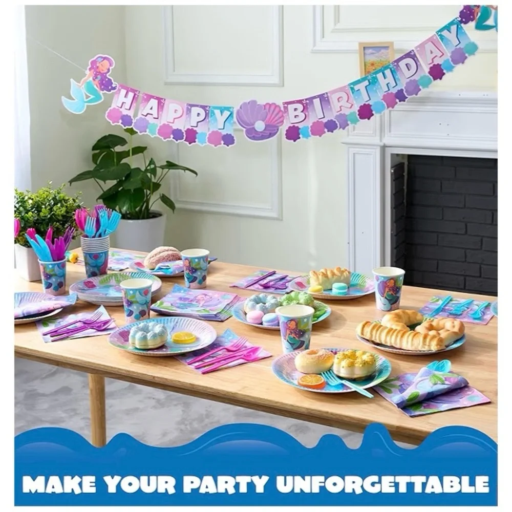145 Pc Mermaid Birthday Party Supplies with Banner, 24 Serves Tableware Set, New